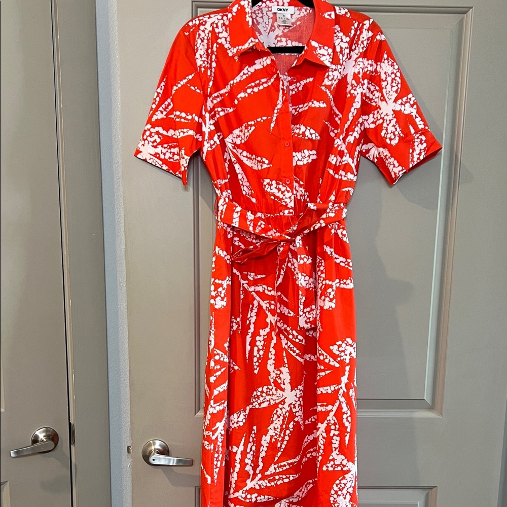DKNY Orange and White Button-Front Dress with Self-Tie Waist